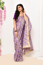 Jute Upada golden leaf pattern saree-Lavender