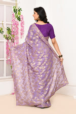 Jute Upada golden leaf pattern saree-Lavender