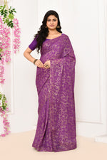 Chiffon shimmer saree with golden self print-Violet