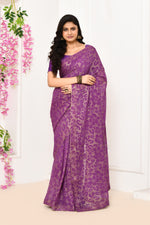 Chiffon shimmer saree with golden self print-Violet