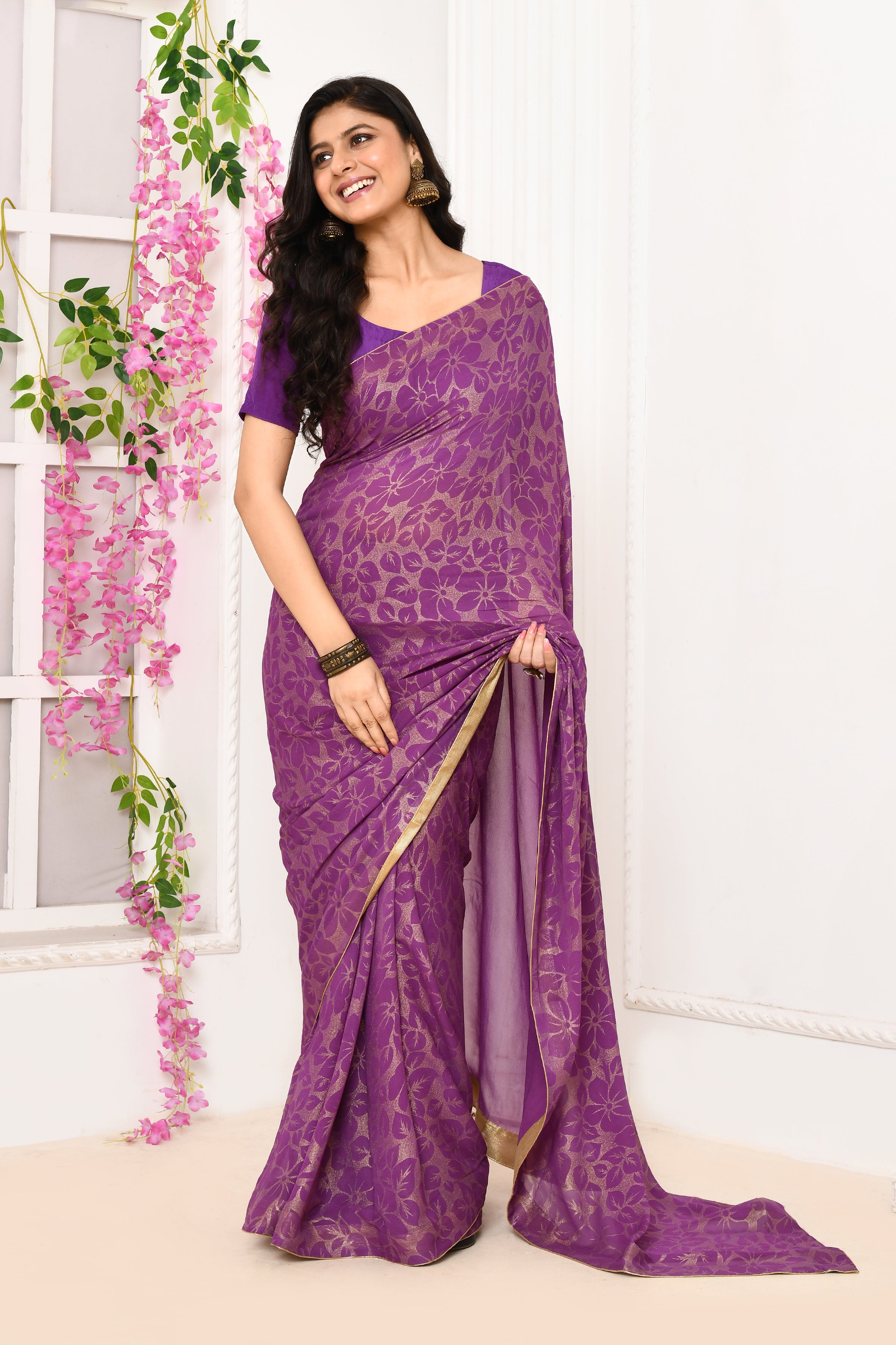 Chiffon shimmer saree with golden self print-Violet