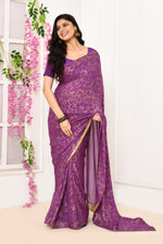 Chiffon shimmer saree with golden self print-Violet