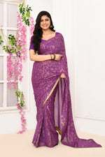 Chiffon shimmer saree with golden self print-Violet
