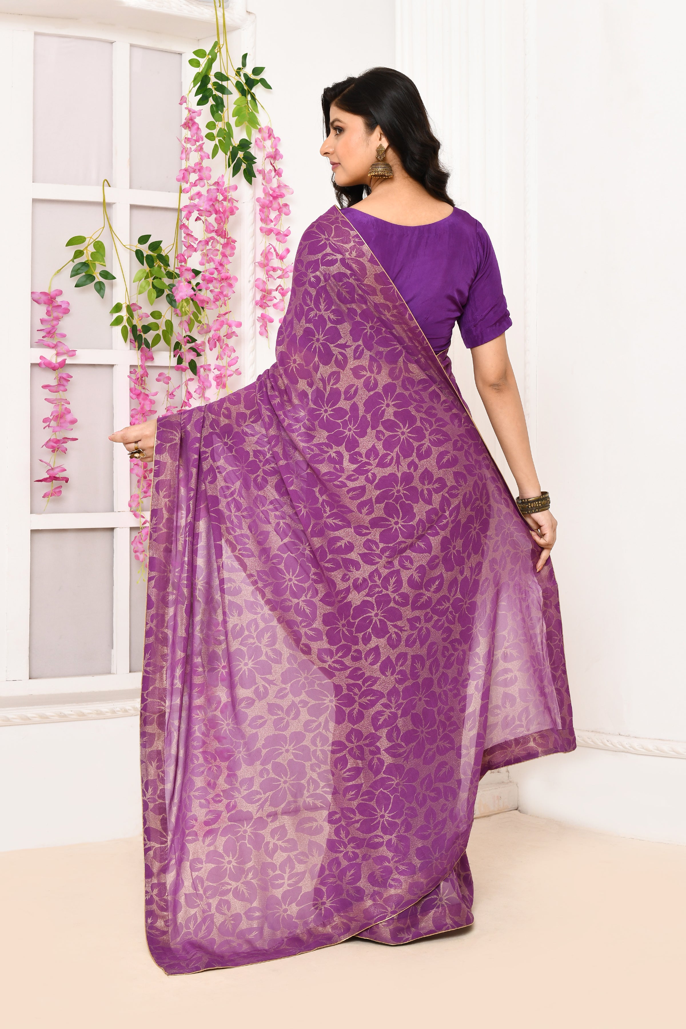 Chiffon shimmer saree with golden self print-Violet