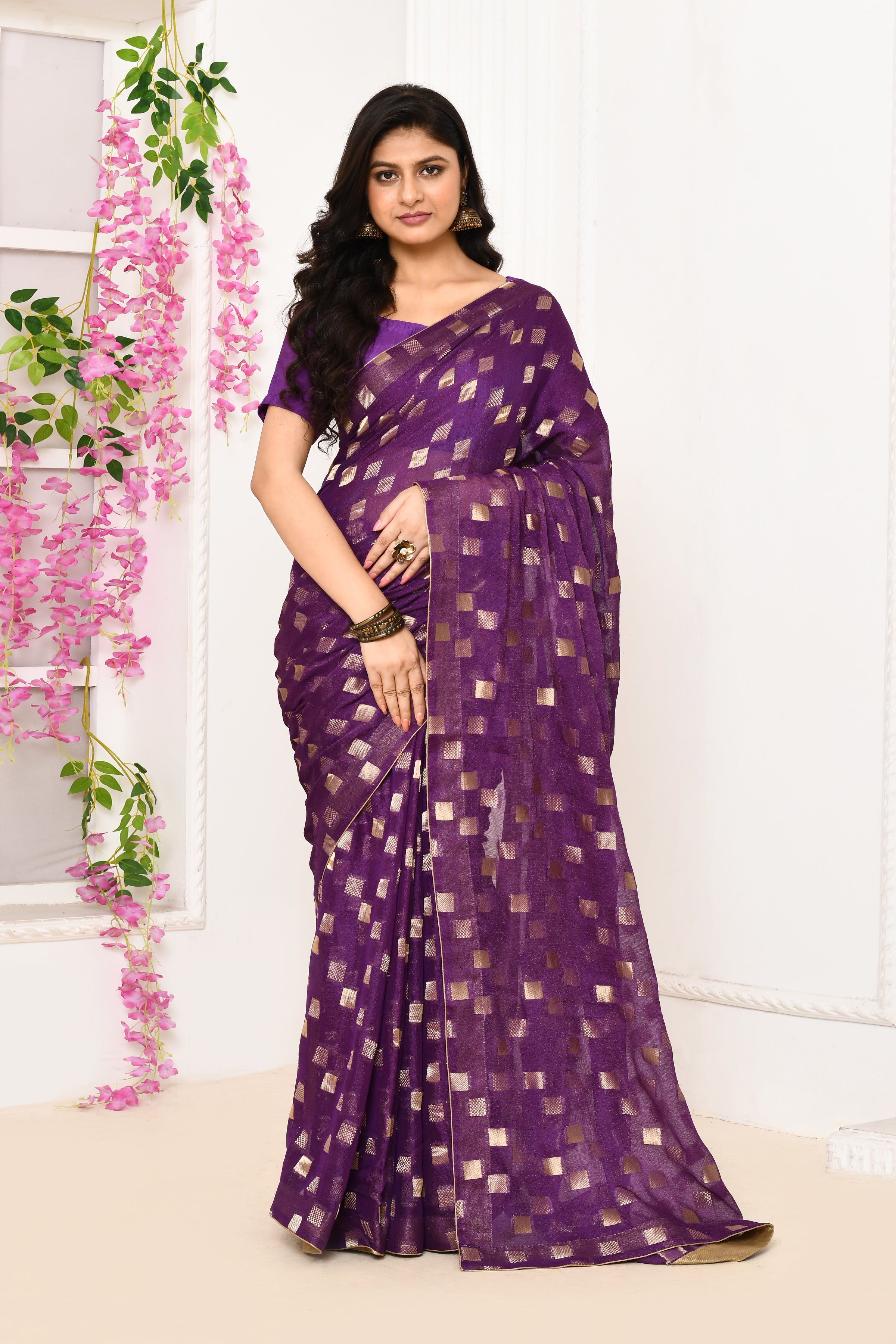 Jute Upada golden checker pattern saree-Magenta