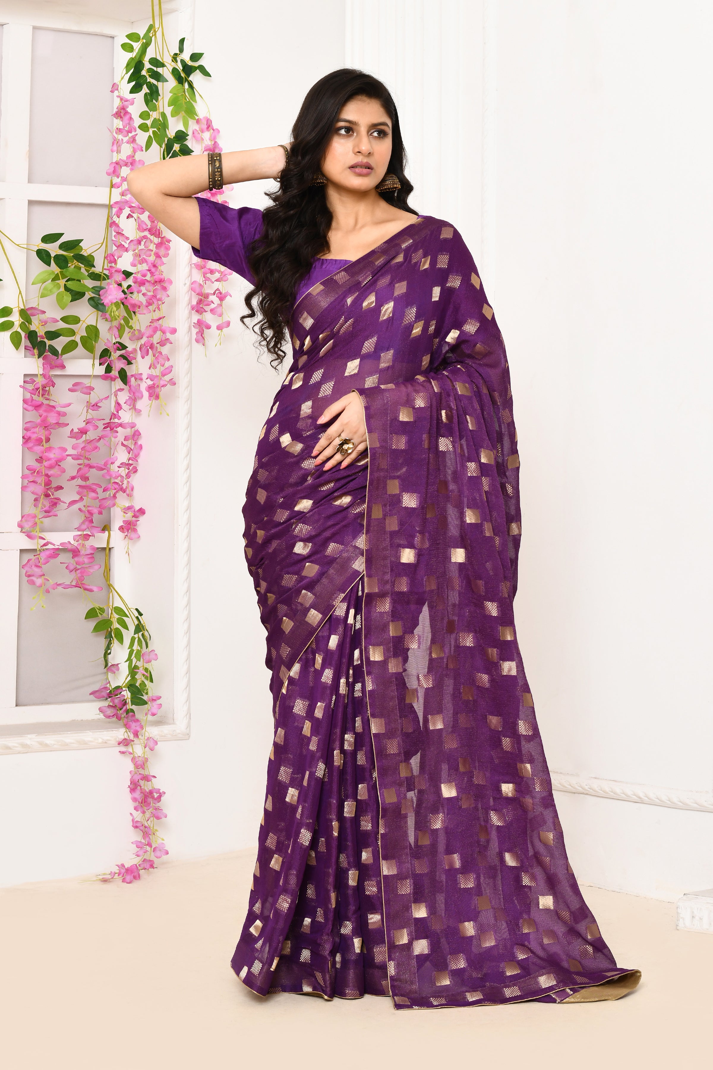 Jute Upada golden checker pattern saree-Magenta