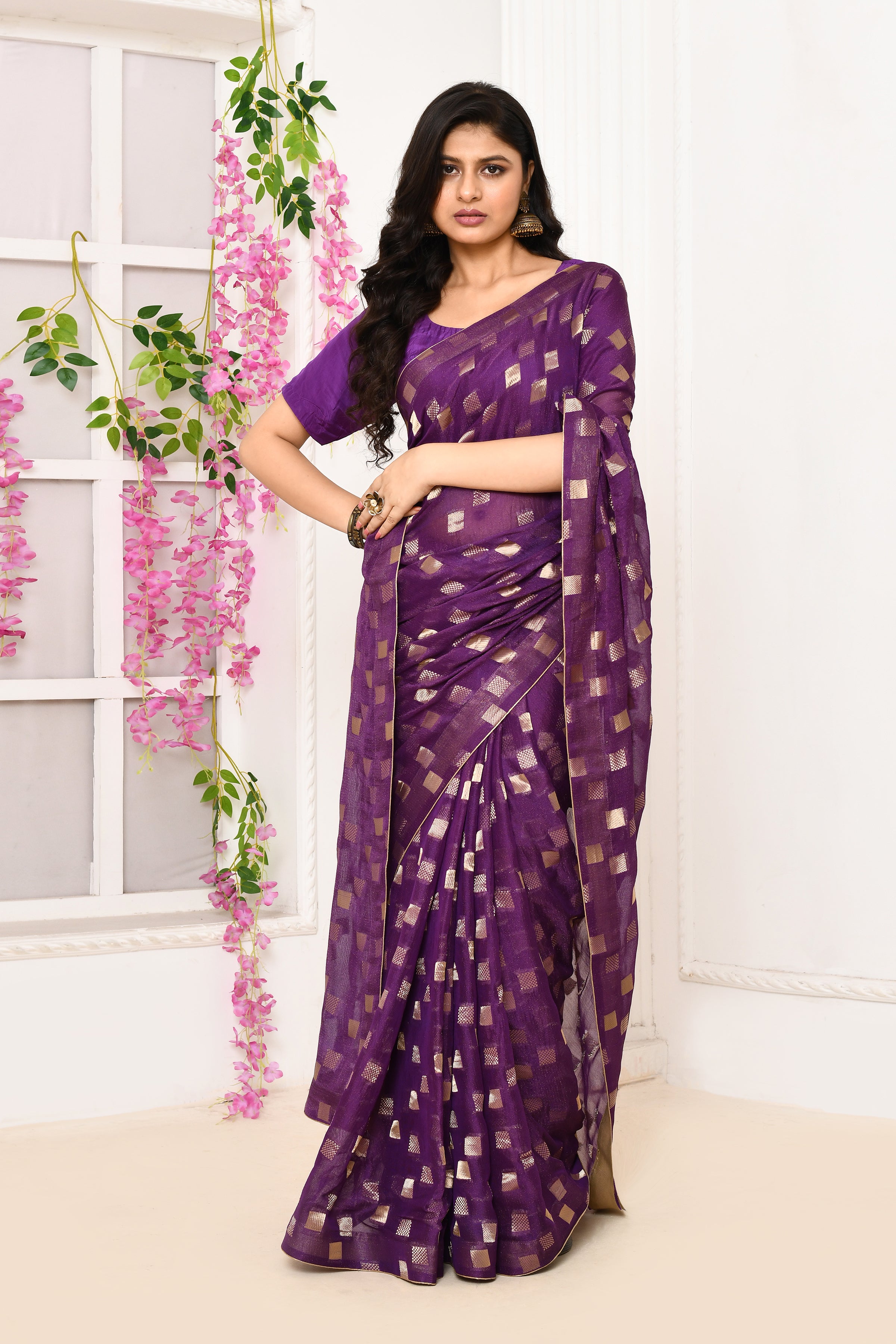Jute Upada golden checker pattern saree-Magenta