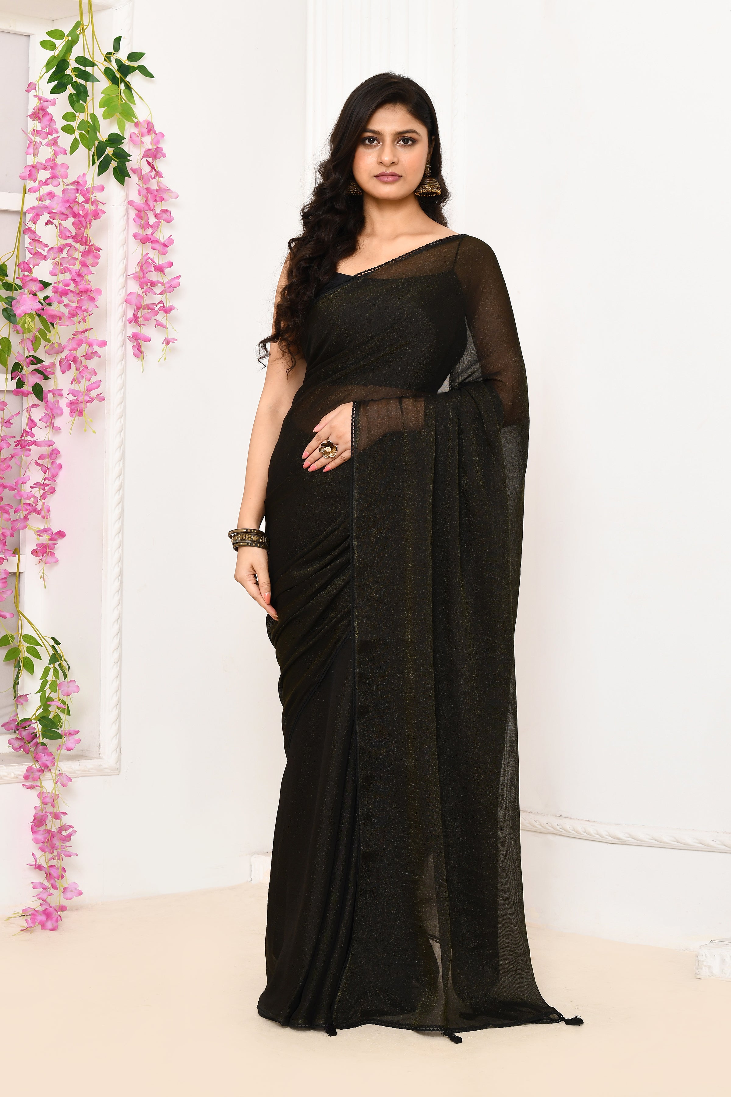 Plain chiffon tissue saree-Black