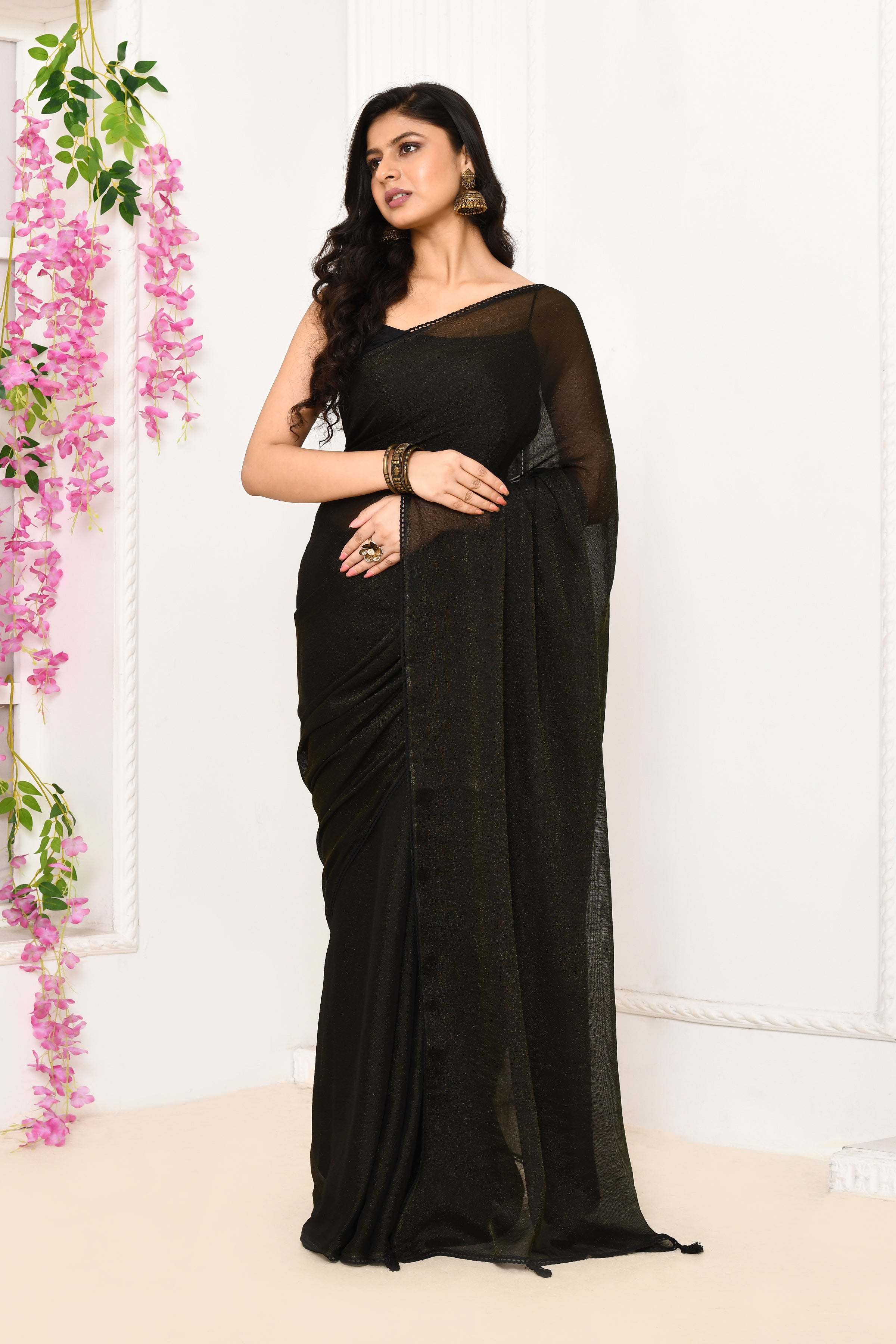 Plain chiffon tissue saree-Black