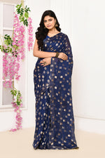 Jute Upada golden checker pattern saree-Royal blue