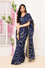 Jute Upada golden checker pattern saree-Royal blue