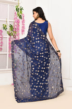 Jute Upada golden checker pattern saree-Royal blue