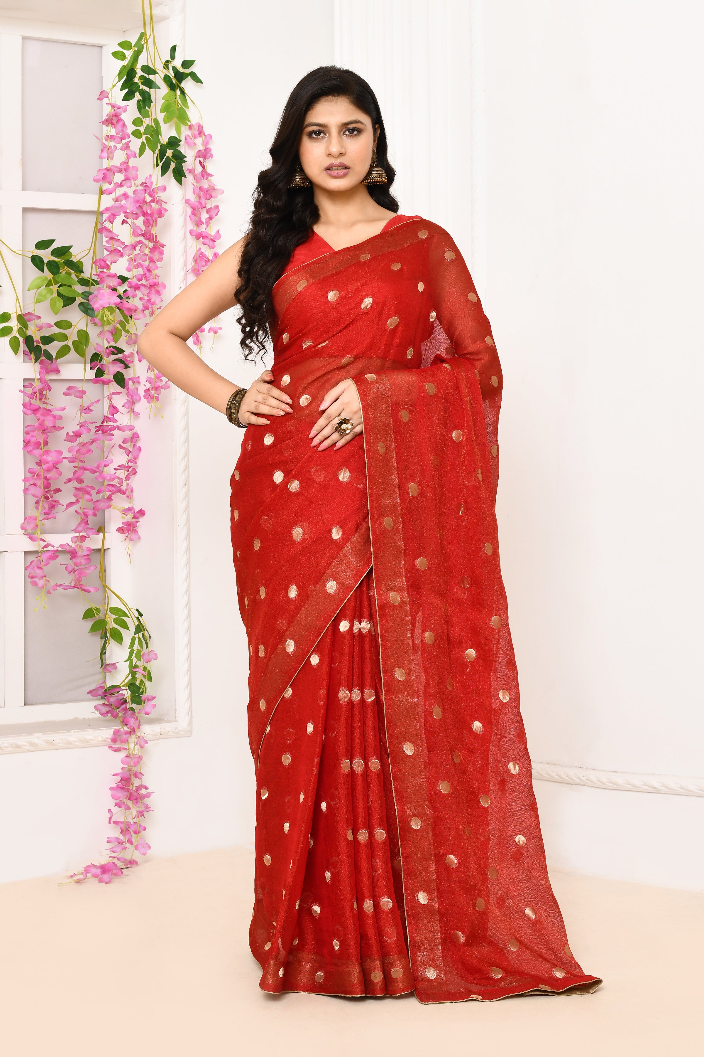 Chiffon shimmer saree with golden polka dots-Red