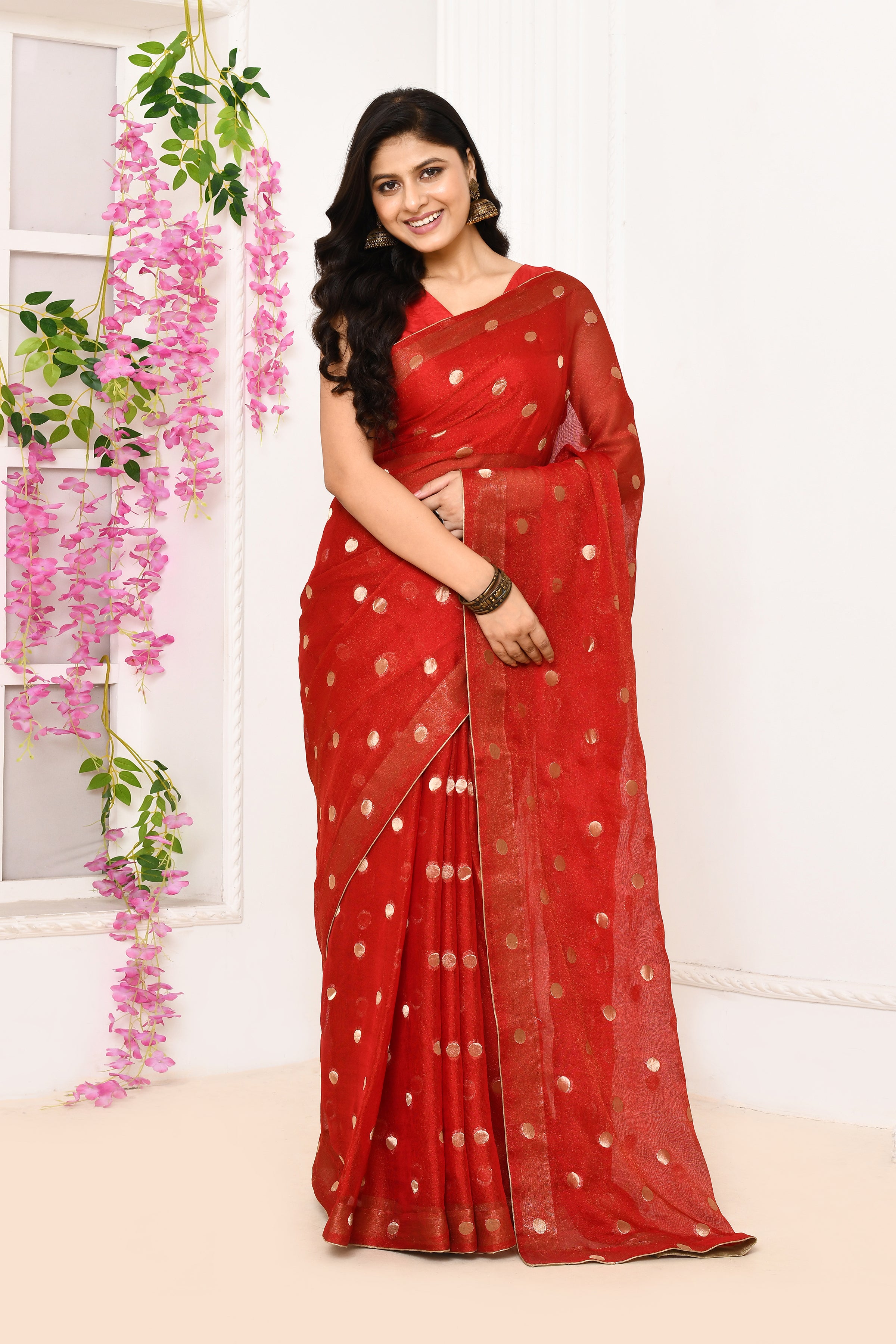 Chiffon shimmer saree with golden polka dots-Red