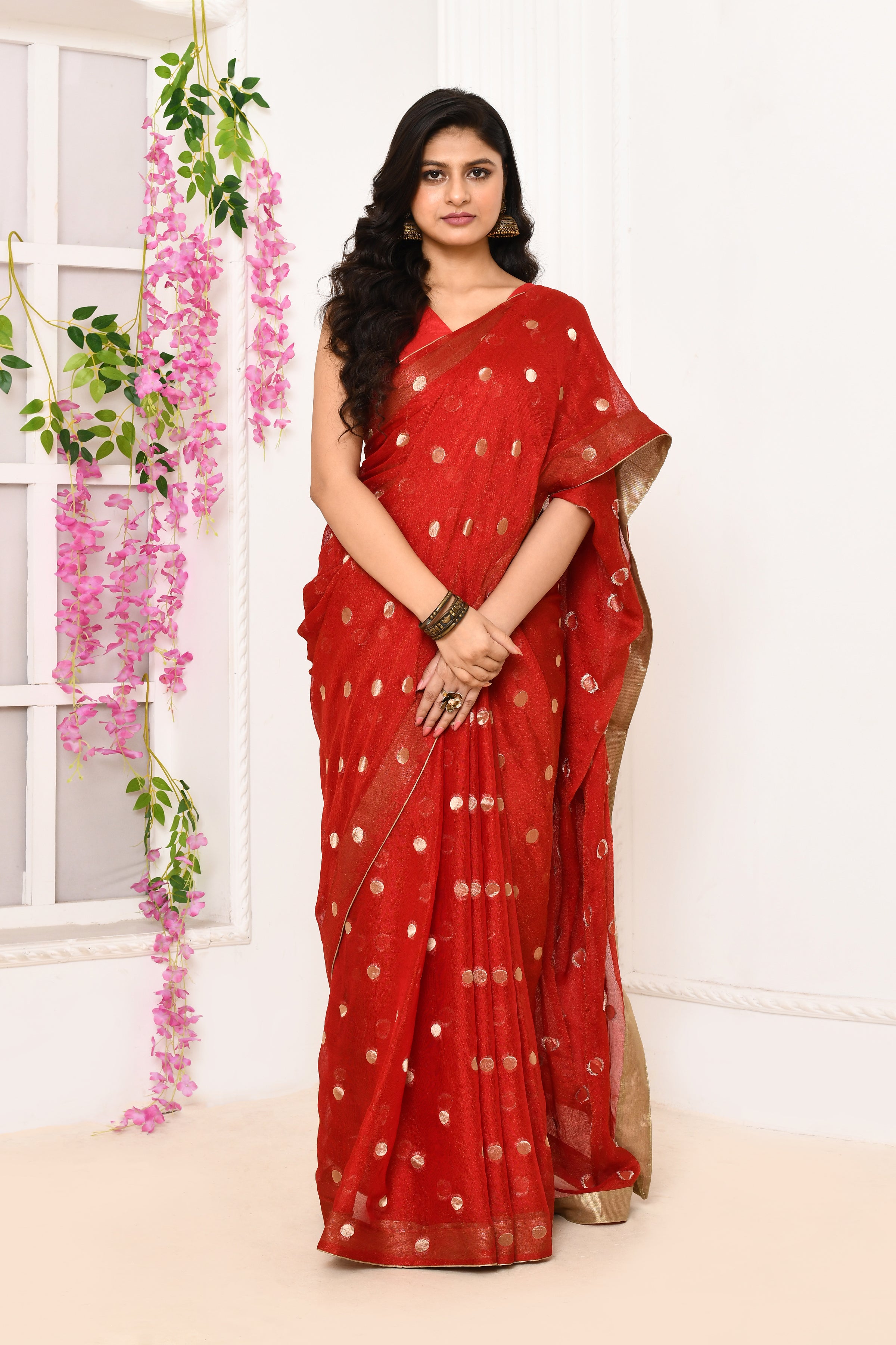 Chiffon shimmer saree with golden polka dots-Red