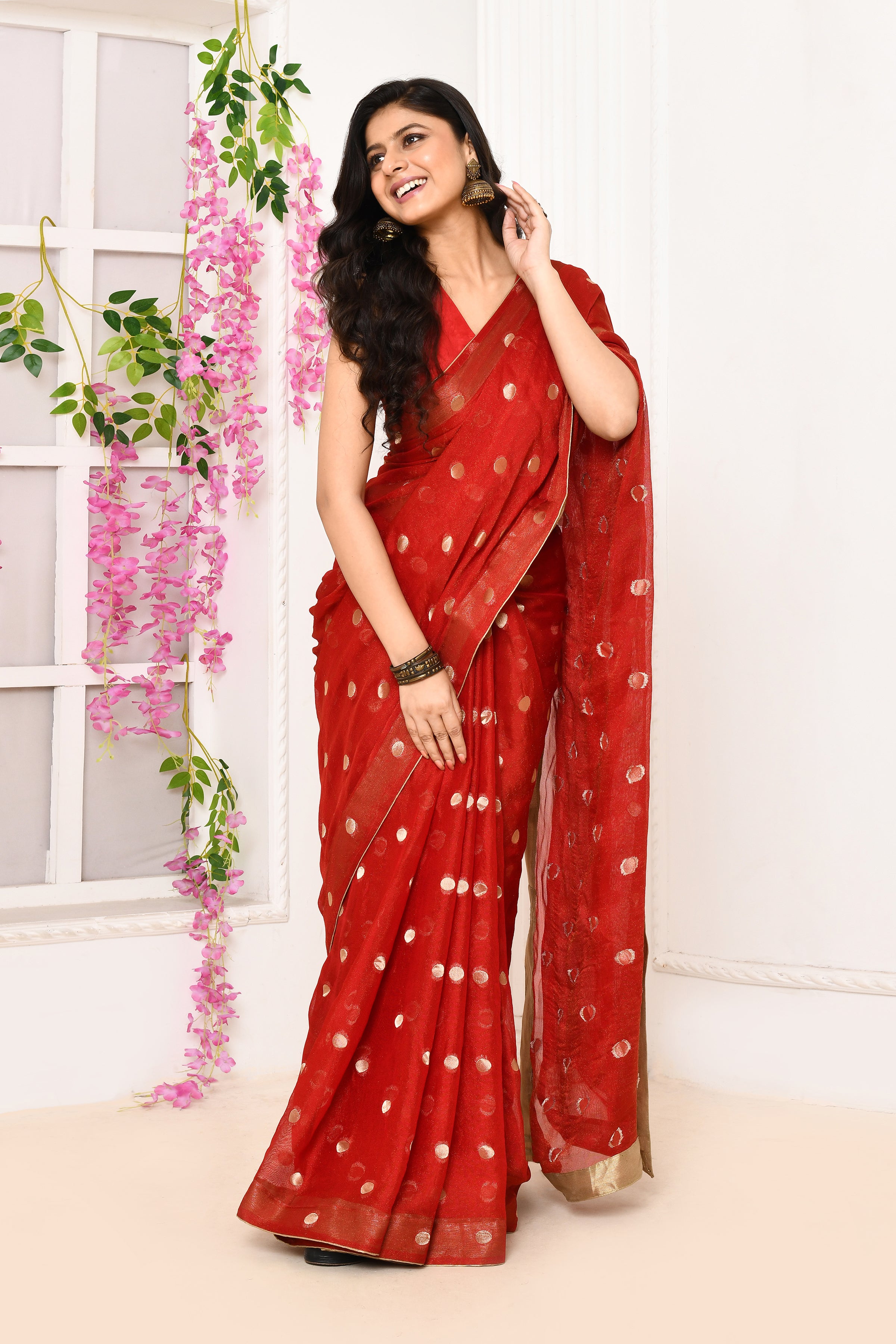 Chiffon shimmer saree with golden polka dots-Red