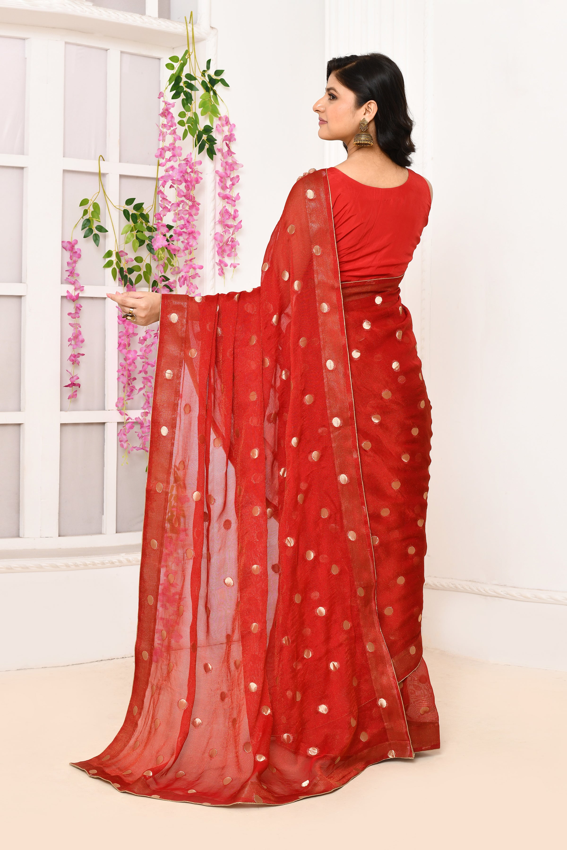 Chiffon shimmer saree with golden polka dots-Red