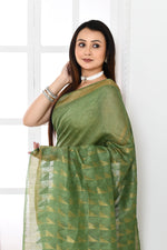 Pure handloom tussar linen saree with woven zari pallu