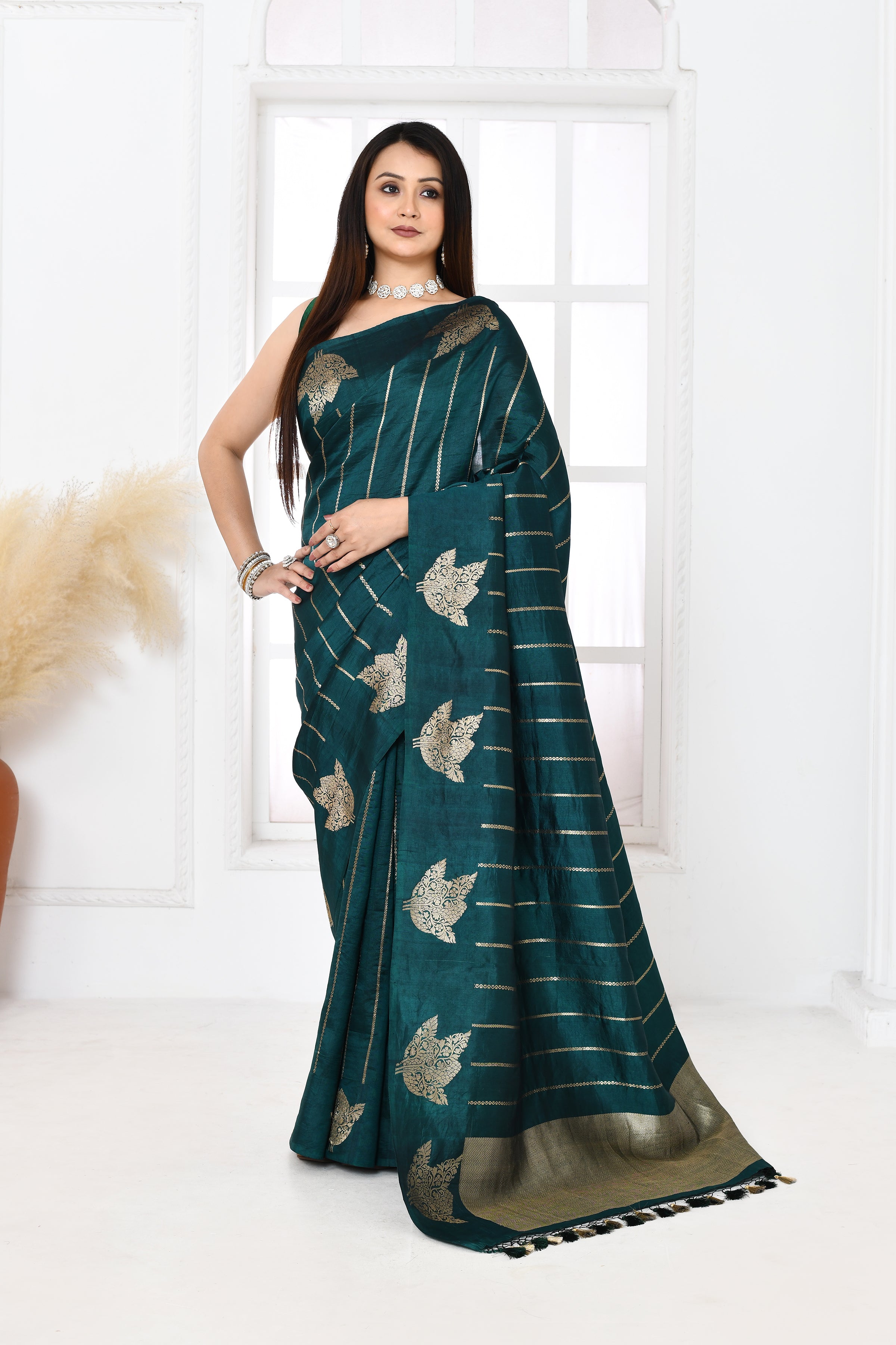 Pure handloom Banarasi katan silk saree with golden stripes pattern kadwa weaving & satin silk border-Bottle green