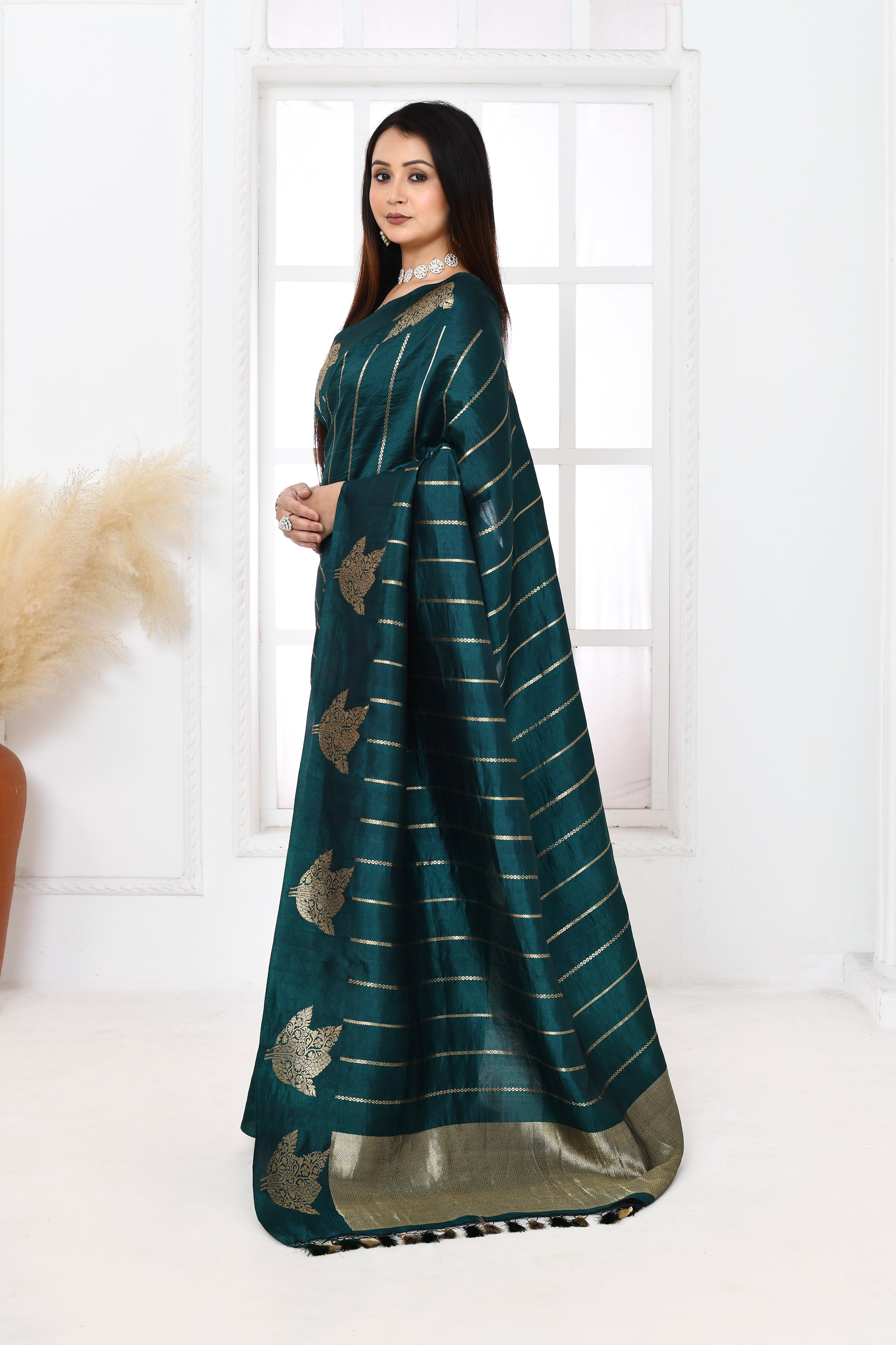 Pure handloom Banarasi katan silk saree with golden stripes pattern kadwa weaving & satin silk border-Bottle green