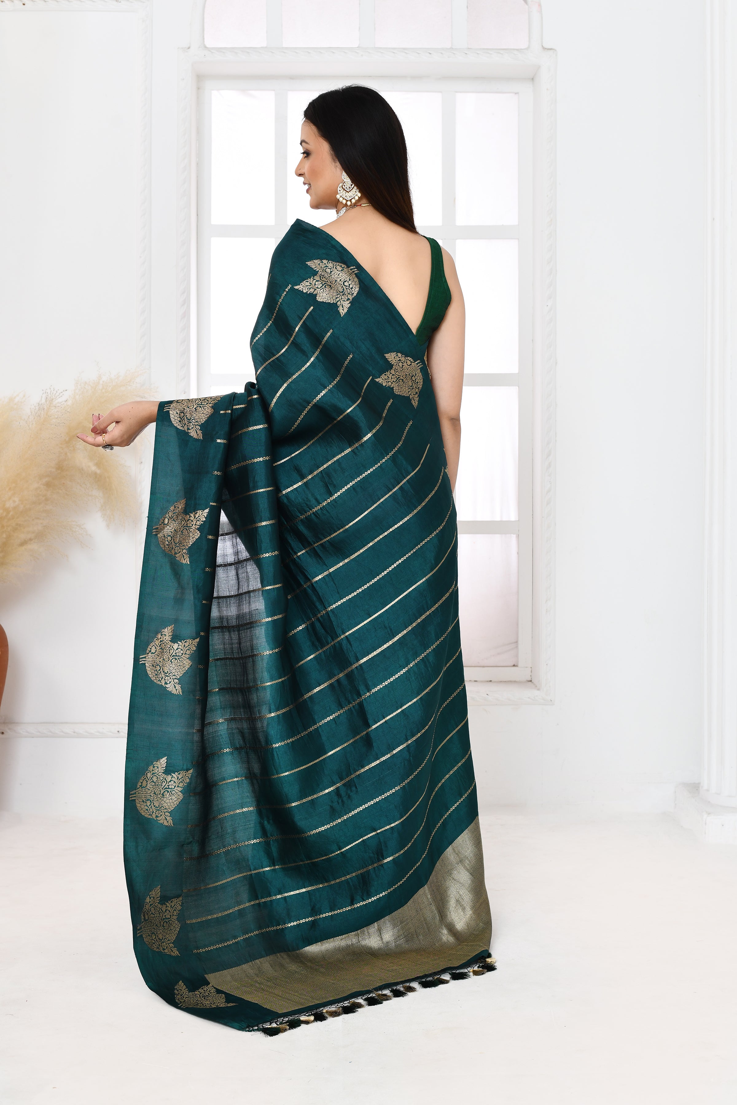 Pure handloom Banarasi katan silk saree with golden stripes pattern kadwa weaving & satin silk border-Bottle green