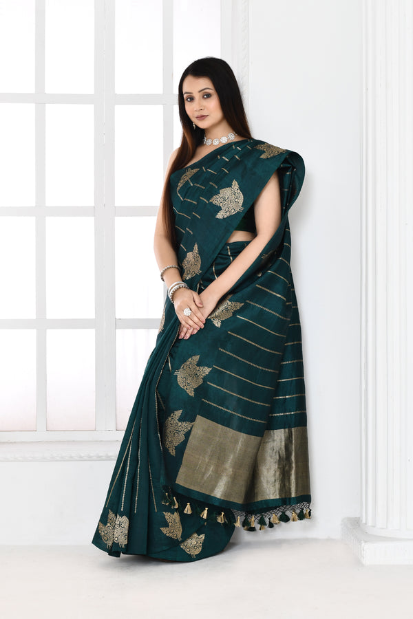 Pure handloom Banarasi katan silk saree with golden stripes pattern kadwa weaving & satin silk border-Bottle green