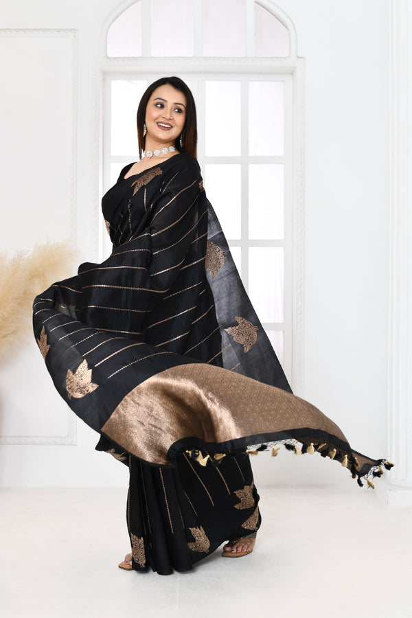 Pure handloom Banarasi katan silk saree with golden stripes pattern kadwa weaving & satin silk border-Black