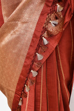 Pure handloom Banarasi katan silk saree with golden stripes pattern kadwa weaving & satin silk border-Coral