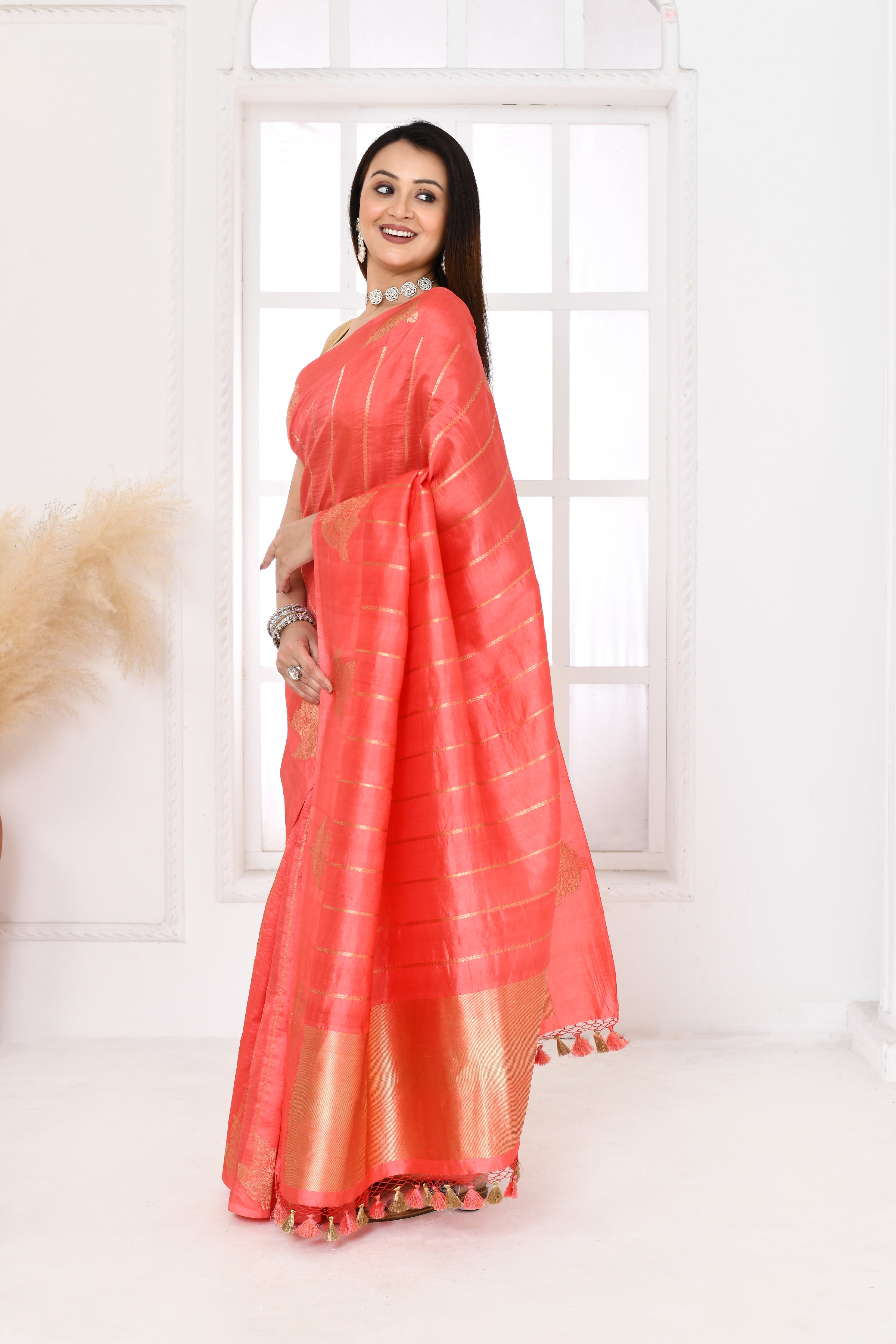 Pure Katan silk kadwa Banarasi woven saree with golden and silver zari stripes pattern-peach