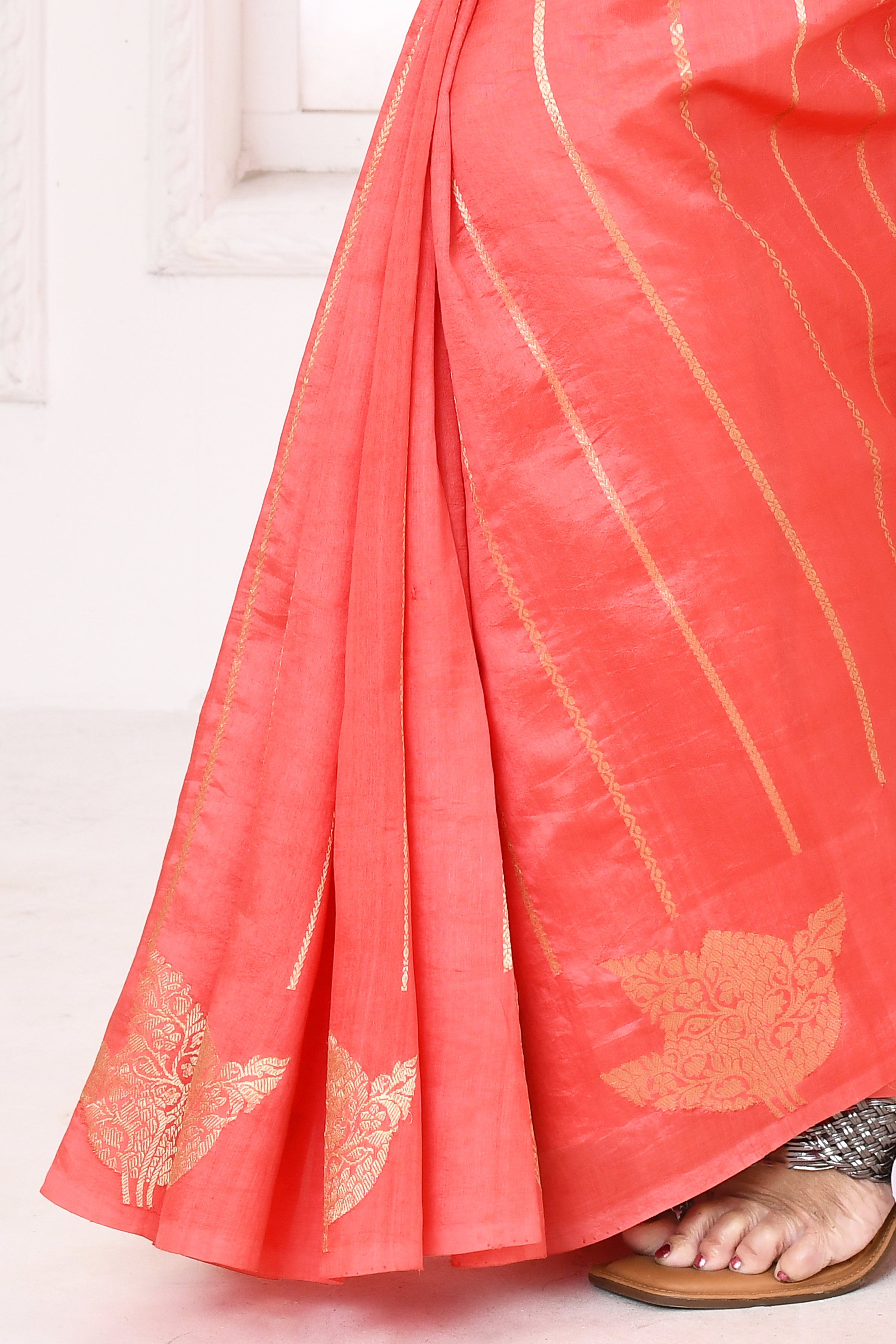 Pure Katan silk kadwa Banarasi woven saree with golden and silver zari stripes pattern-peach