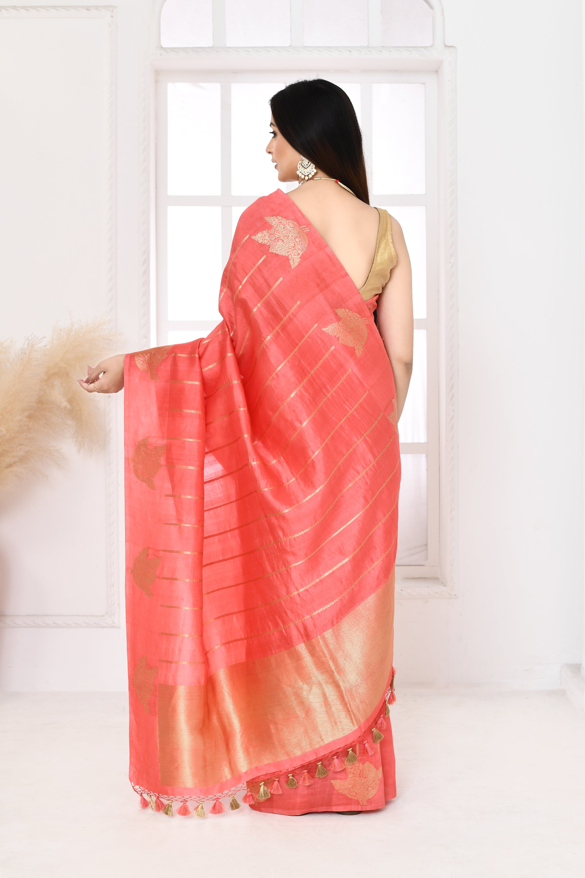 Pure Katan silk kadwa Banarasi woven saree with golden and silver zari stripes pattern-peach