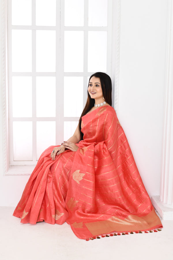 Pure Katan silk kadwa Banarasi woven saree with golden and silver zari stripes pattern-peach
