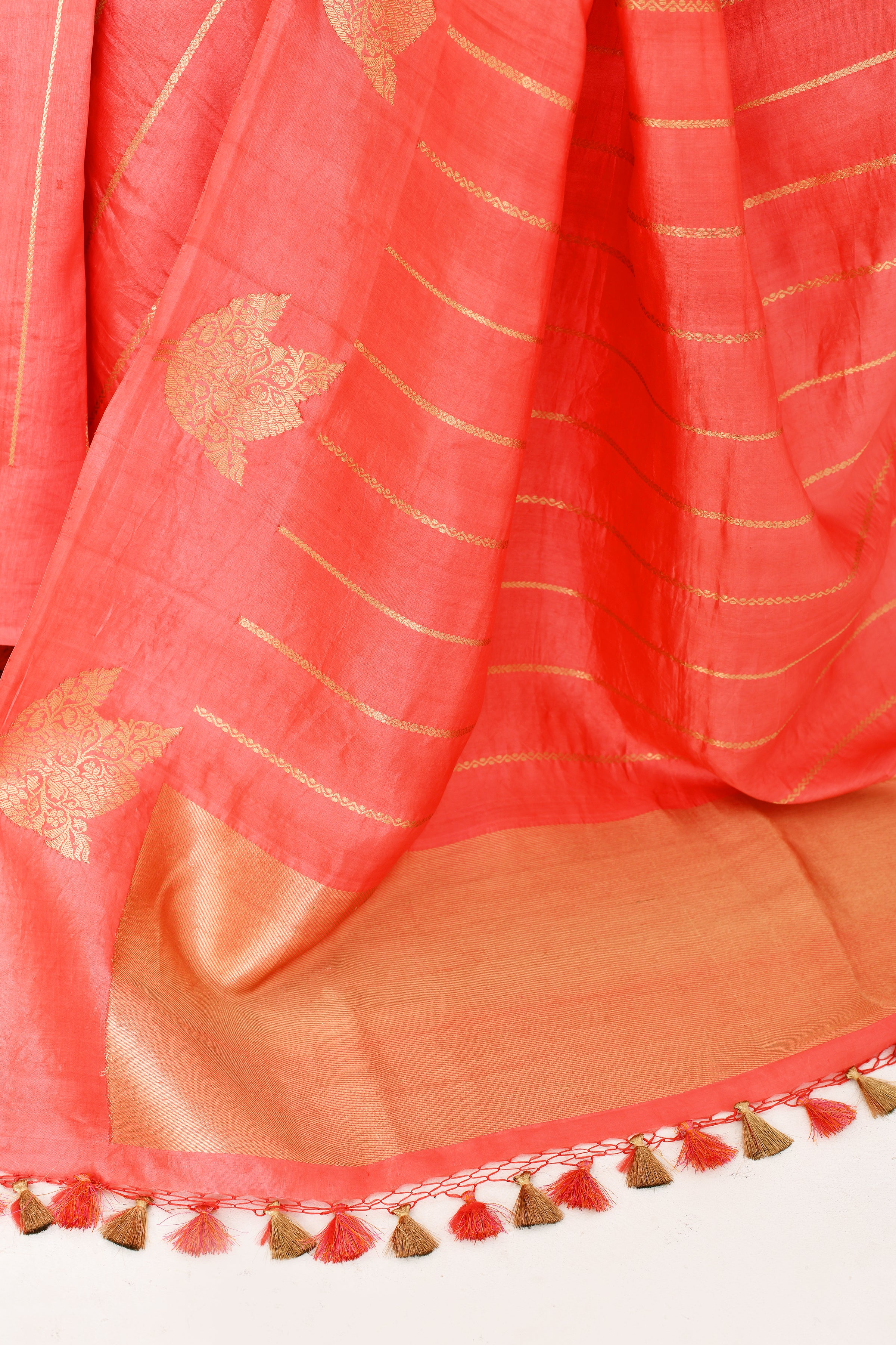 Pure Katan silk kadwa Banarasi woven saree with golden and silver zari stripes pattern-peach