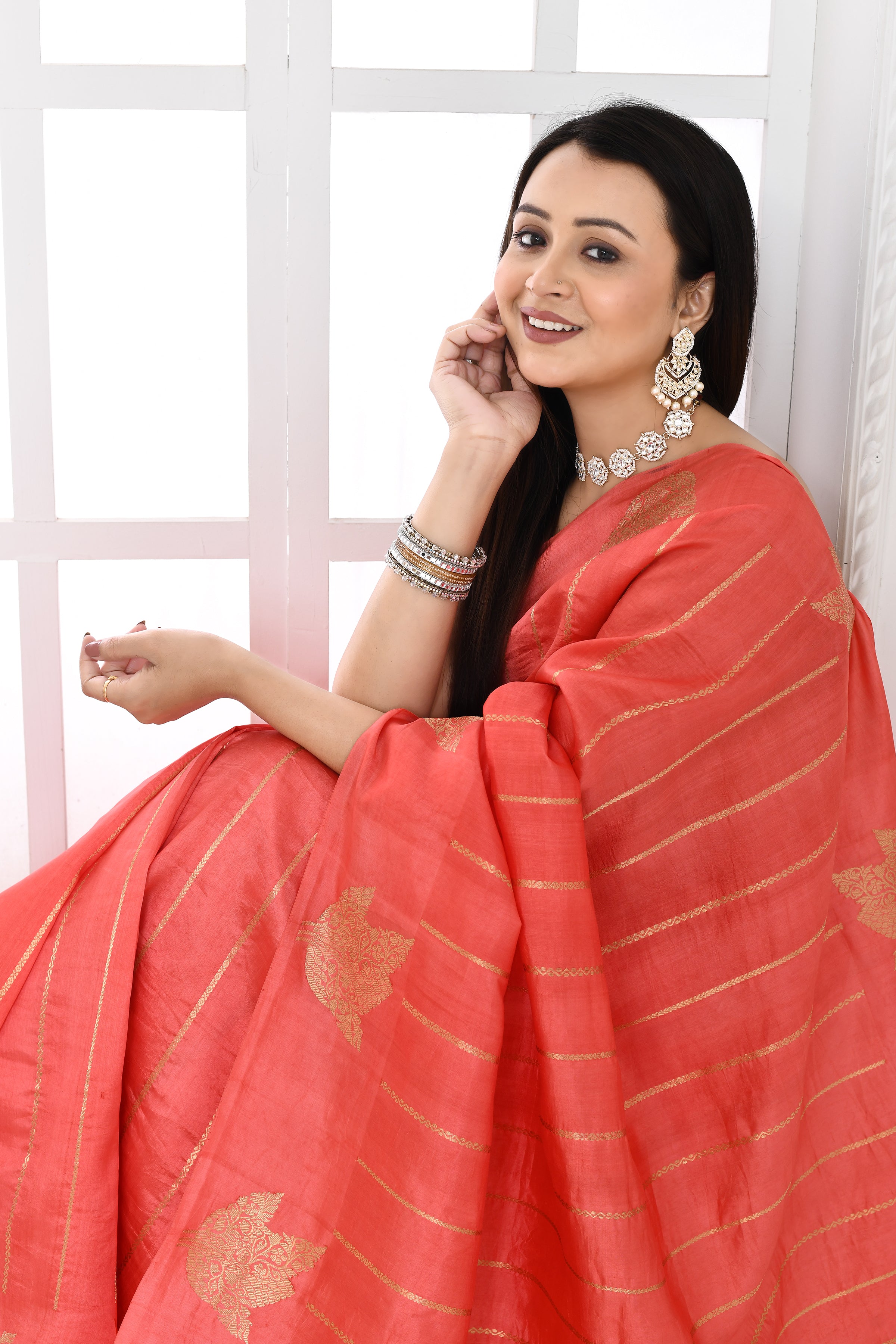 Pure Katan silk kadwa Banarasi woven saree with golden and silver zari stripes pattern-peach