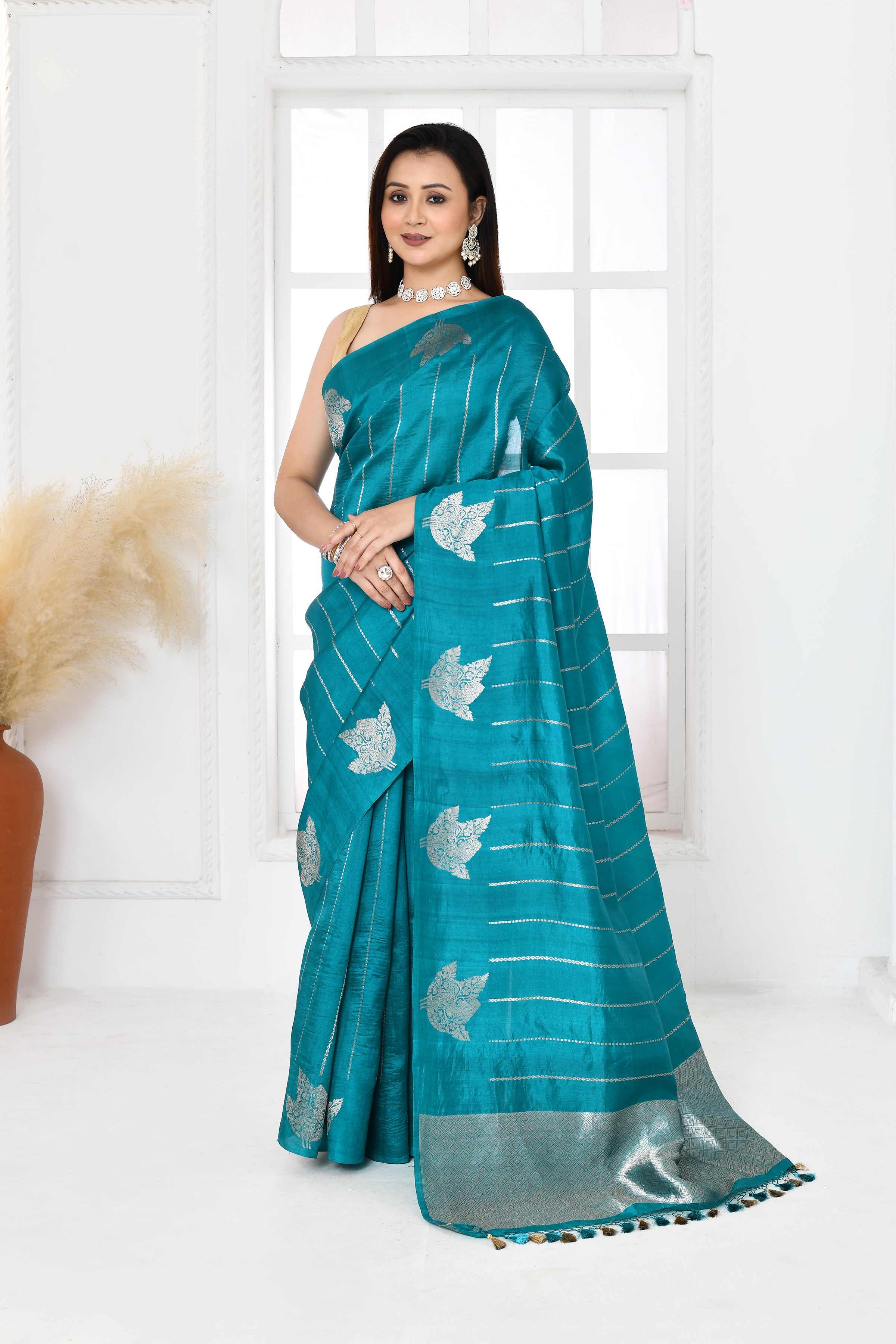 Pure handloom Banarasi katan silk saree with golden stripes pattern kadwa weaving & satin silk border-Turquoise blue