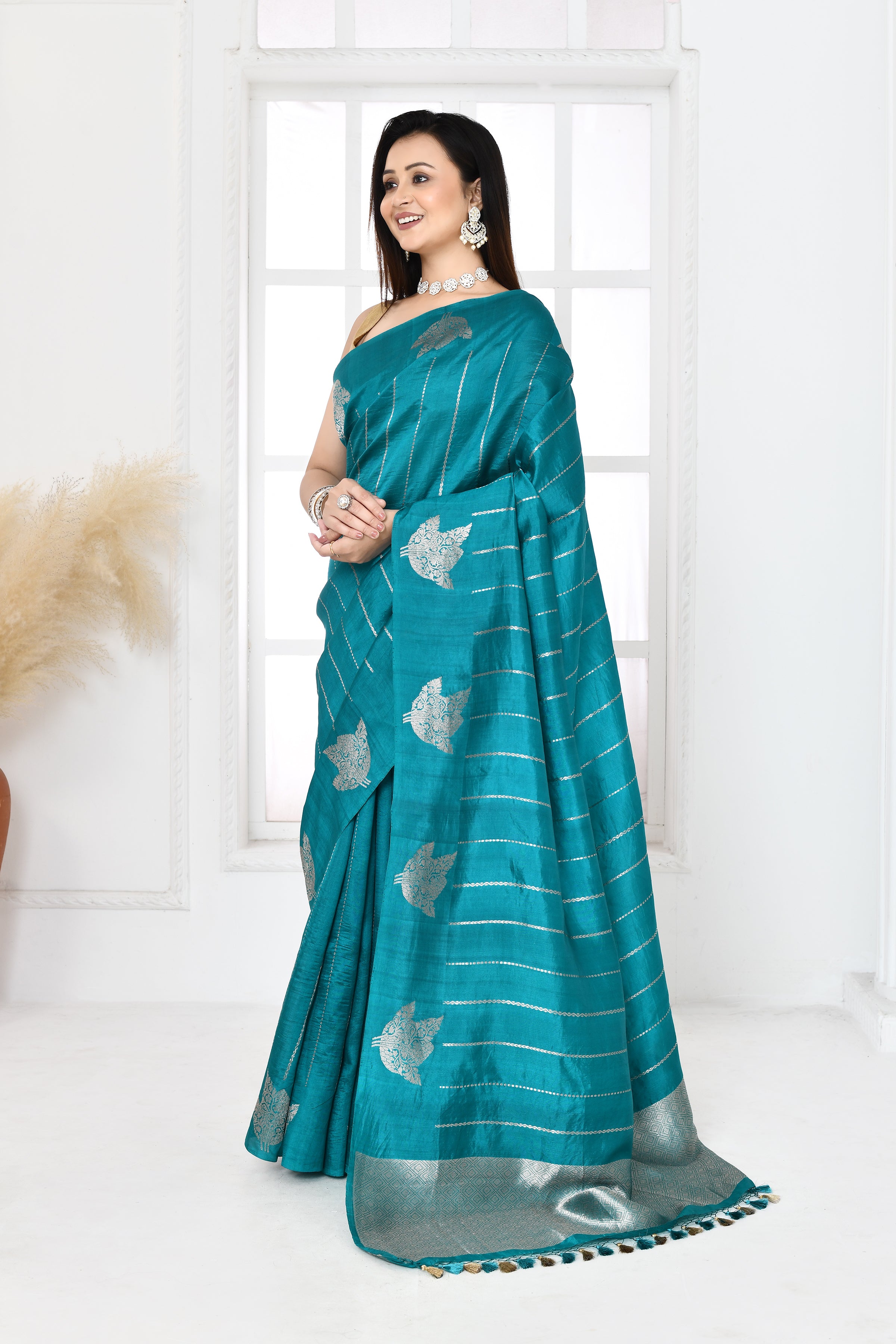 Pure handloom Banarasi katan silk saree with golden stripes pattern kadwa weaving & satin silk border-Turquoise blue