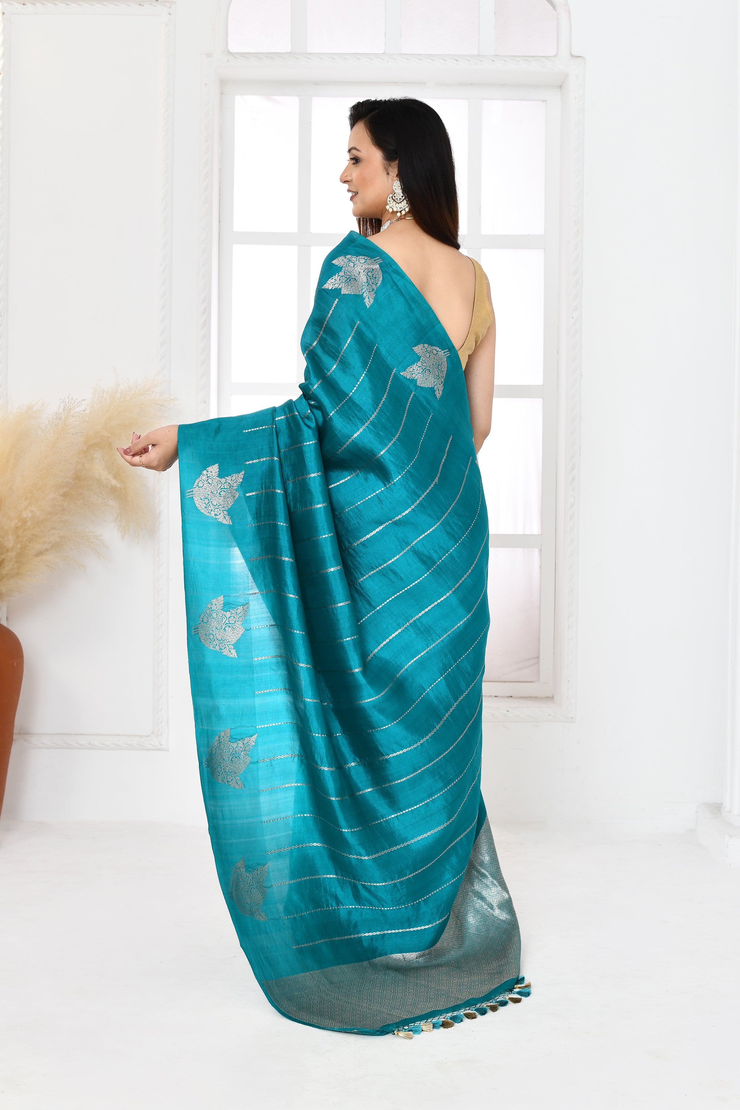 Pure handloom Banarasi katan silk saree with golden stripes pattern kadwa weaving & satin silk border-Turquoise blue