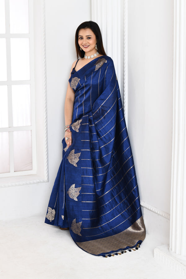 Pure handloom Banarasi katan silk saree with golden stripes pattern kadwa weaving & satin silk border-Royal blue