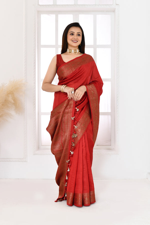 Pure tussar silk Banarasi saree with kadwa weaving-Red