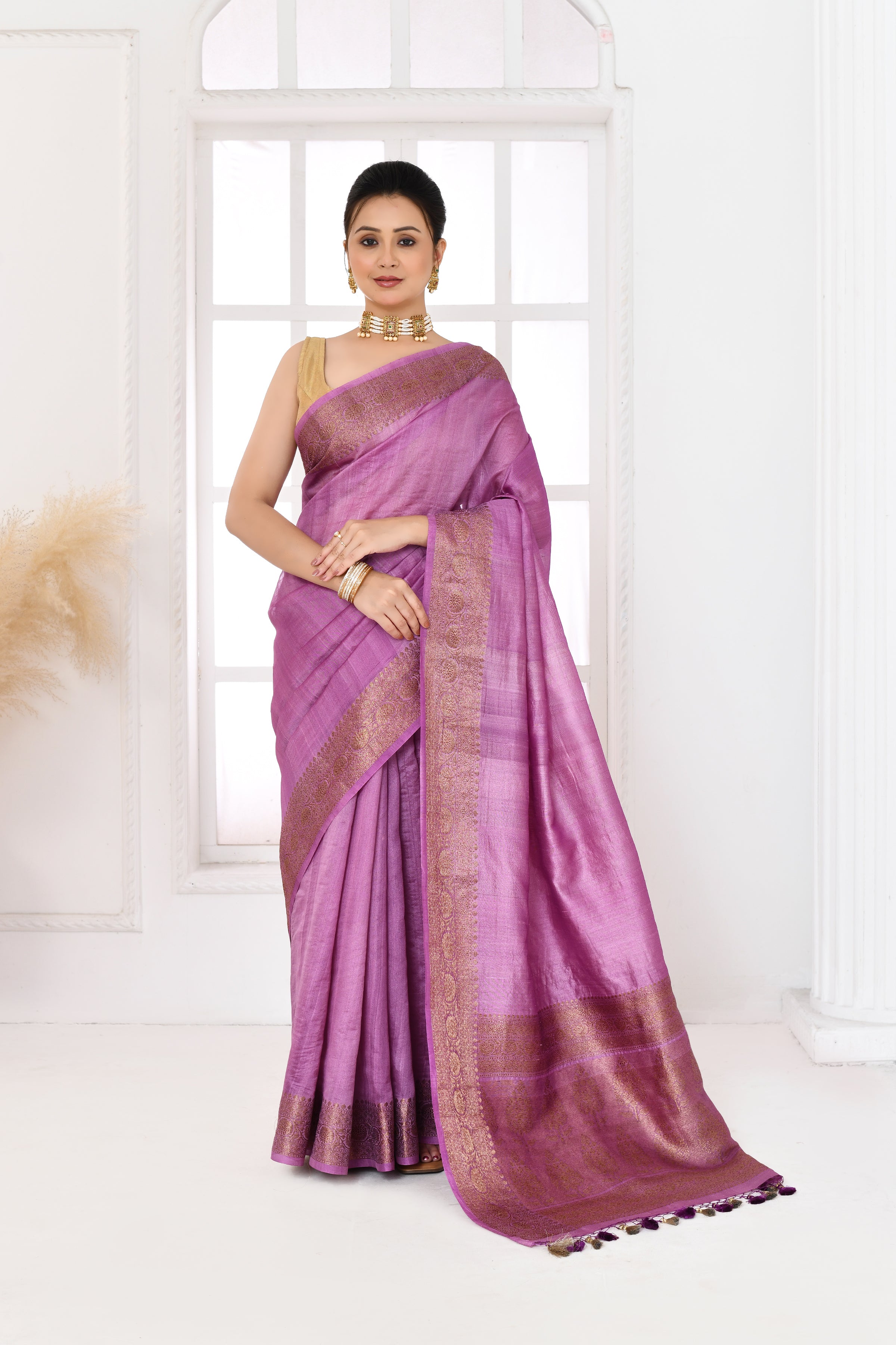 Pure tussar silk Banarasi saree with kadwa weaving-Lavender