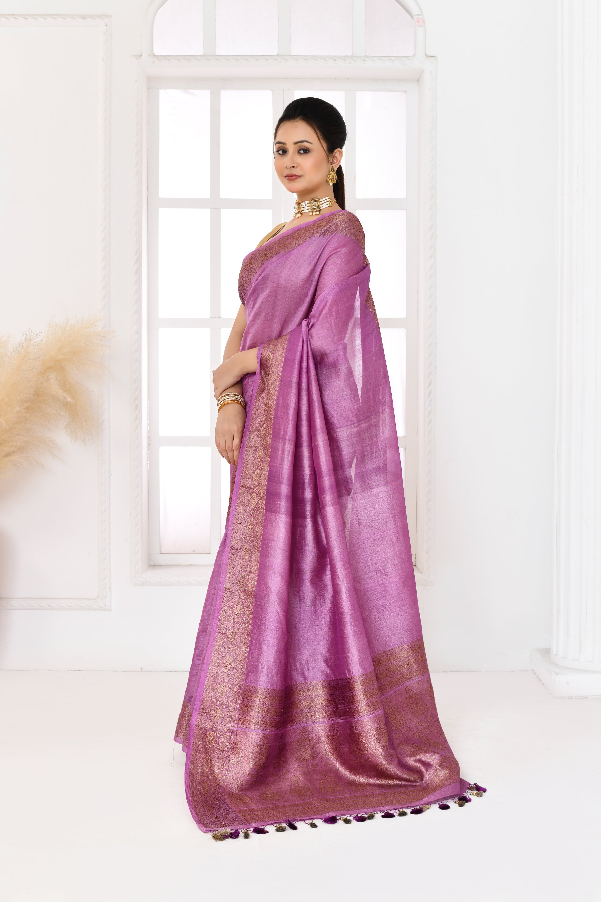 Pure tussar silk Banarasi saree with kadwa weaving-Lavender