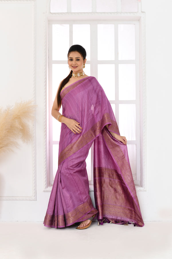 Pure tussar silk Banarasi saree with kadwa weaving-Lavender