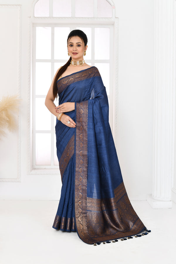 Pure tussar silk Banarasi saree with kadwa weaving-Royal blue