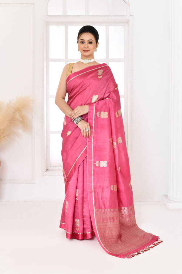 Pure handloom Banarasi katan silk saree with floral pattern kadwa weaving & satin silk border-Rose pink