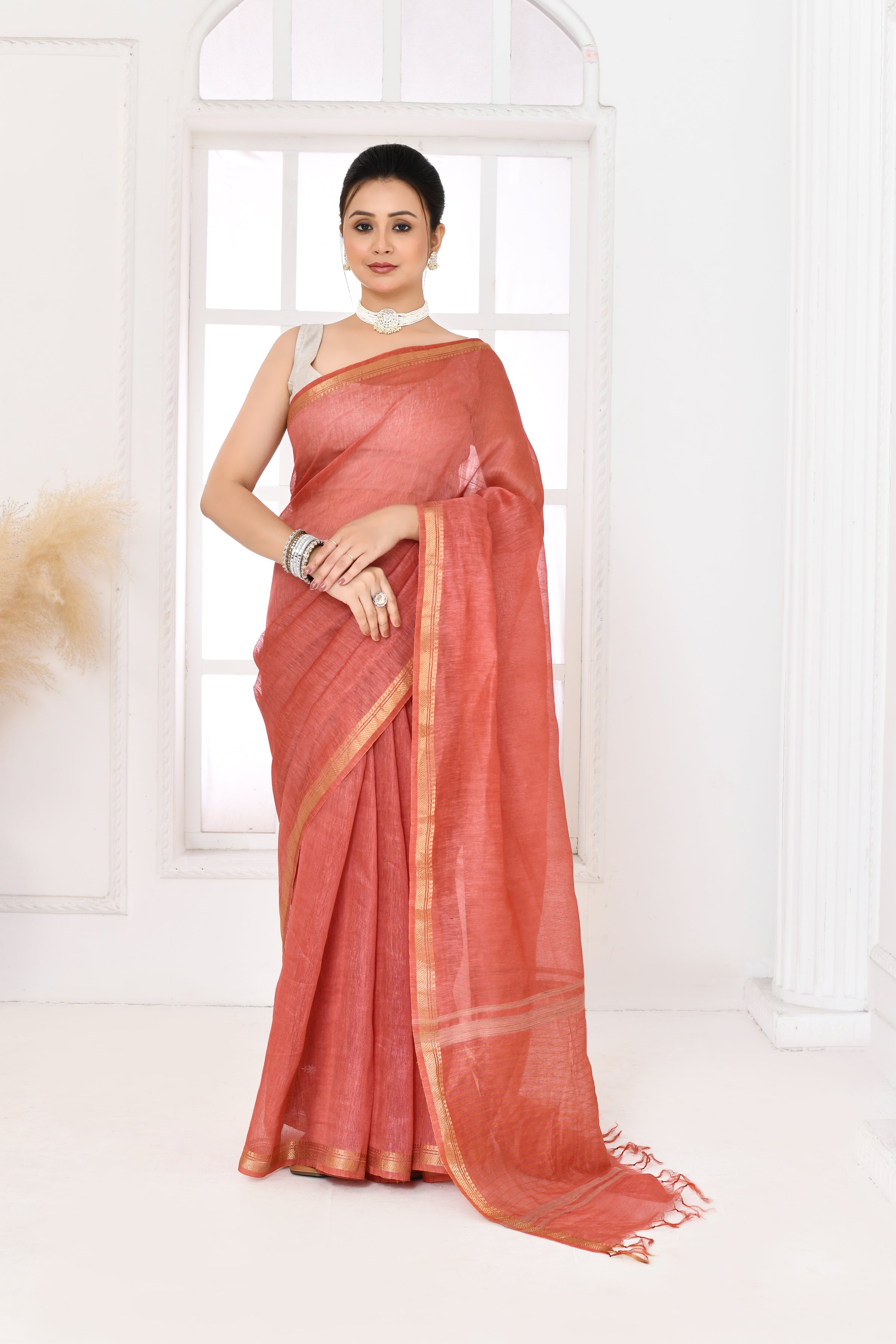 Pure tussar linen handloom saree with floral embroidered blouse