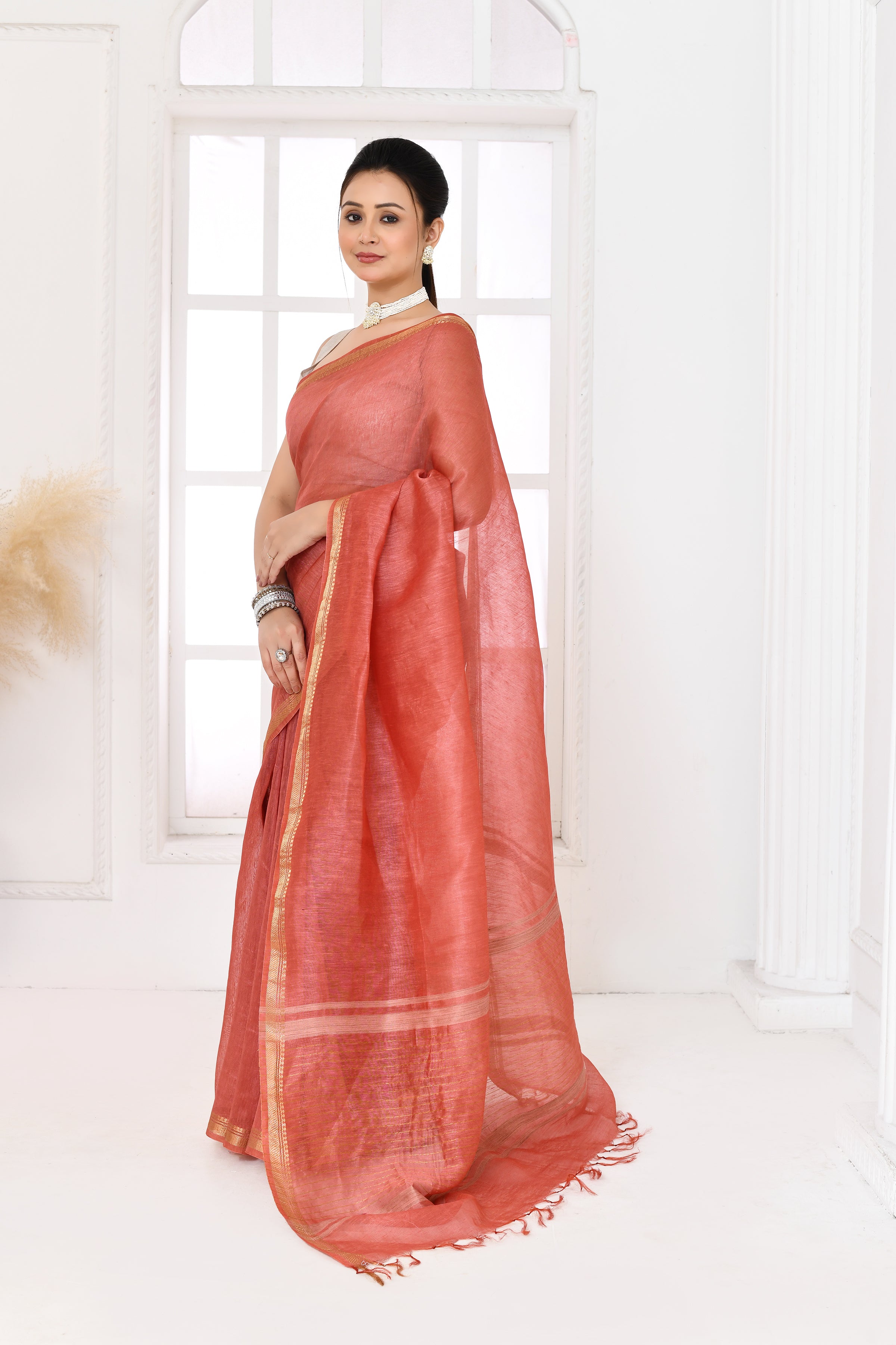 Pure tussar linen handloom saree with floral embroidered blouse