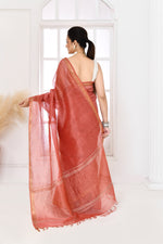 Pure tussar linen handloom saree with floral embroidered blouse