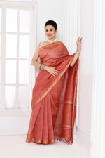 Pure tussar linen handloom saree with floral embroidered blouse