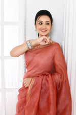 Pure tussar linen handloom saree with floral embroidered blouse