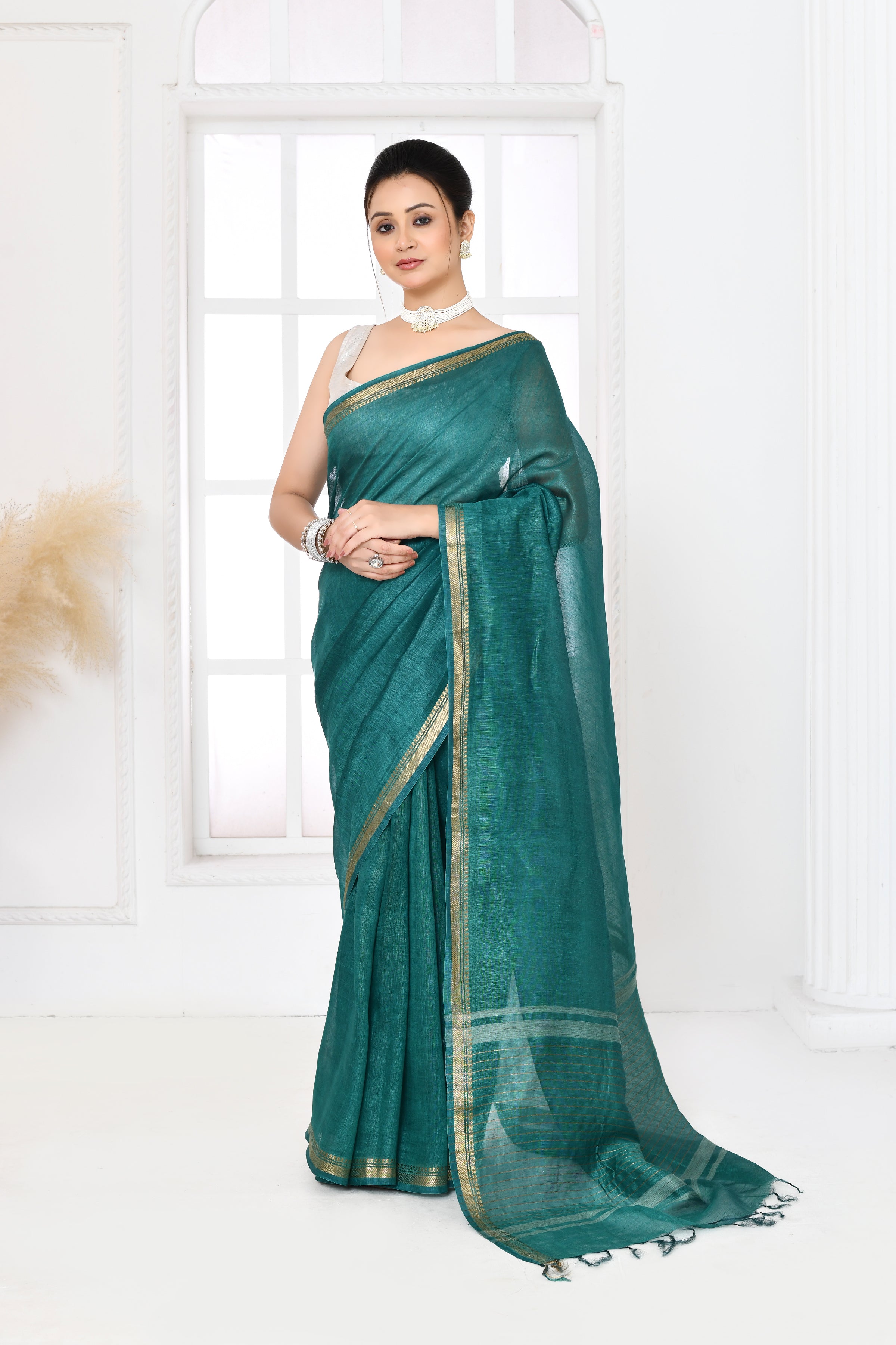 Pure tussar linen handloom saree with floral embroidered blouse